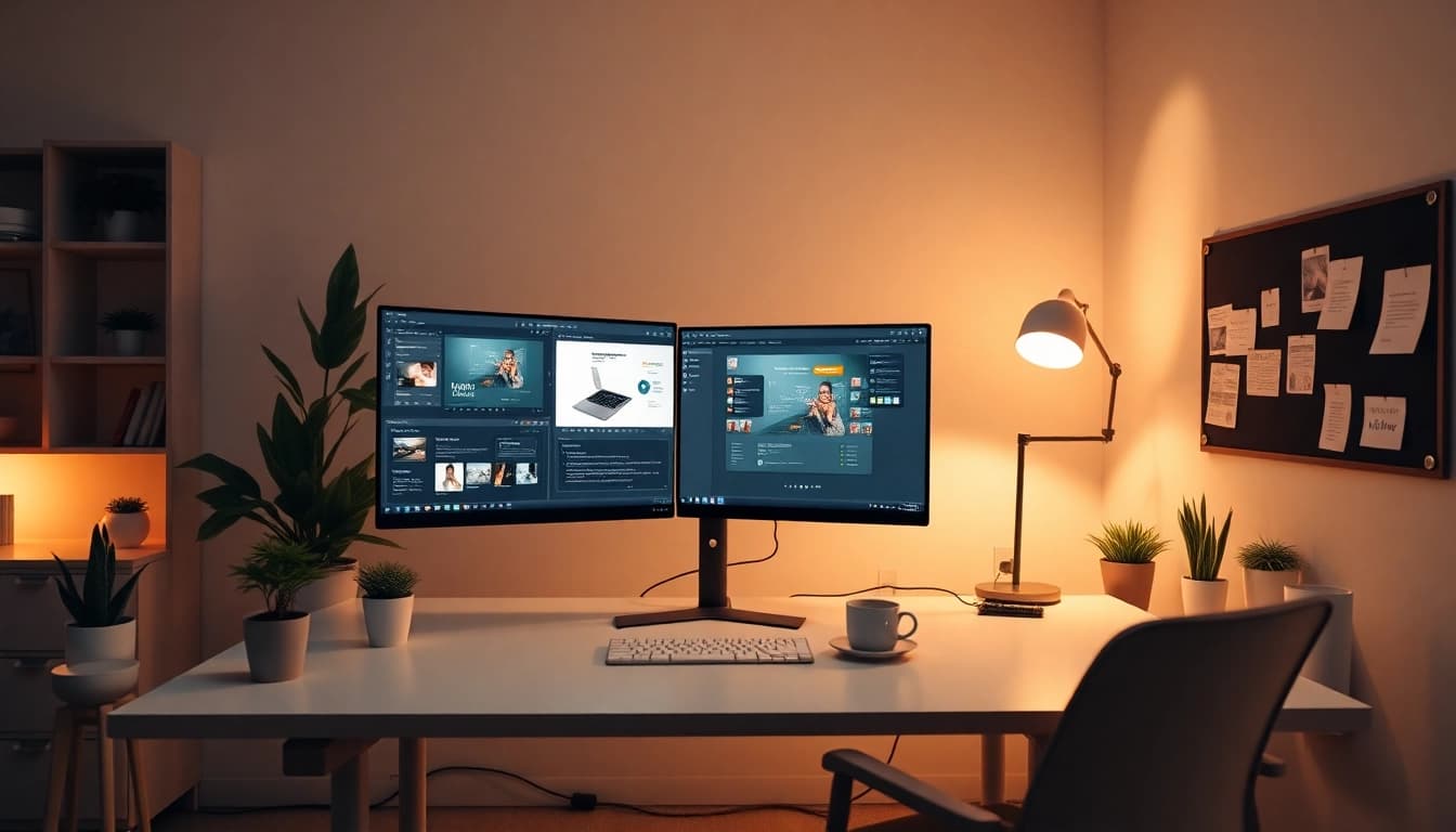 Modern workspace for Thiết kế website, featuring dual monitors and a minimalist design.