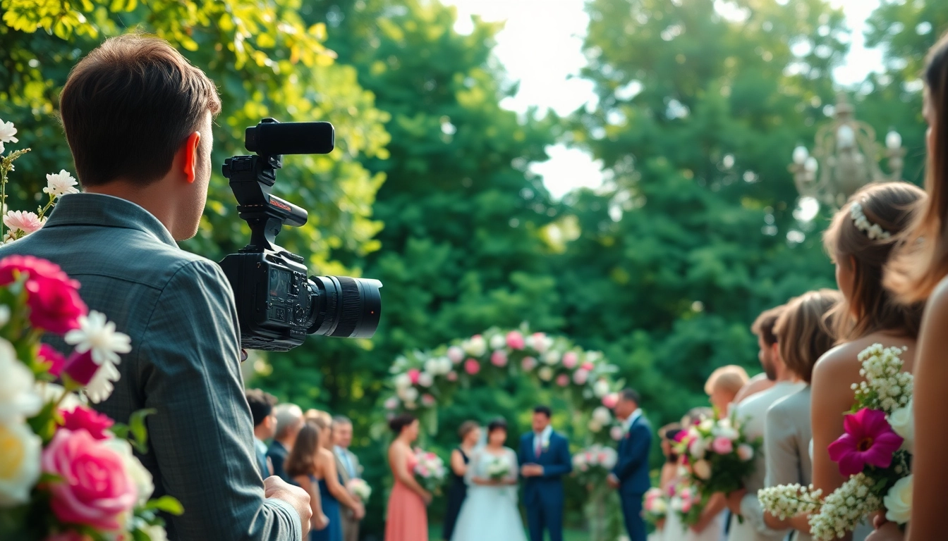 Cinematic video production showcasing an outdoor wedding ceremony amidst vibrant scenery.