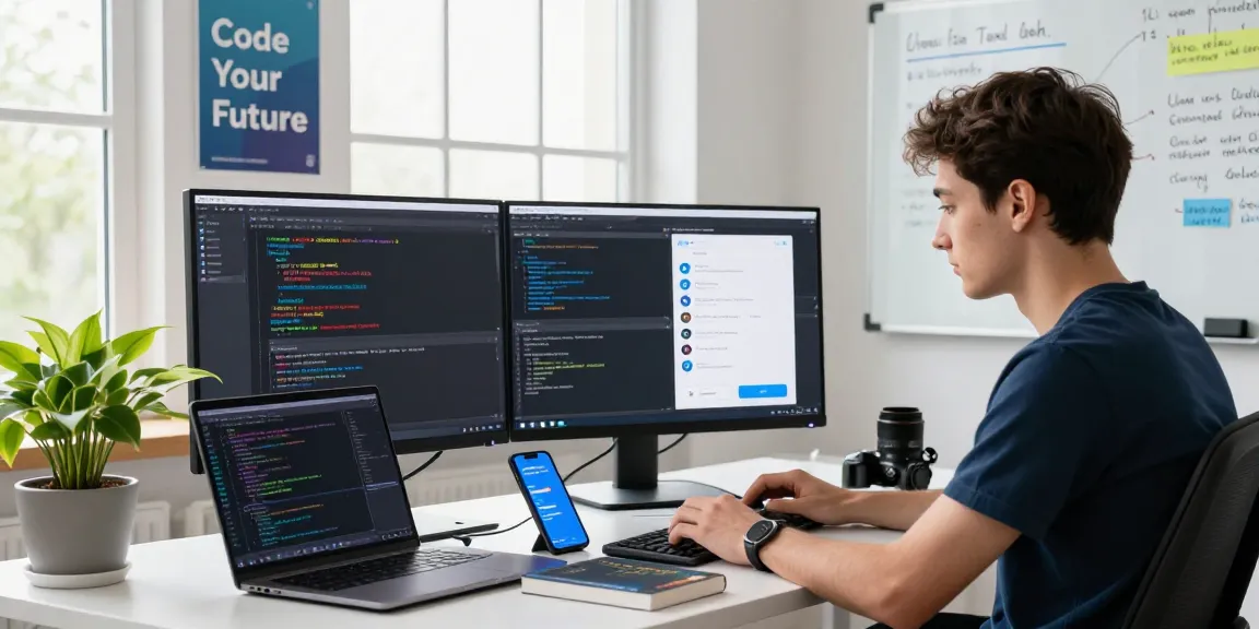 Download 纸飞机下载 app: a developer focused on coding with multiple screens in a modern workspace.
