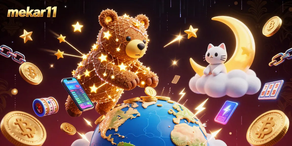 Engage with mekar11 for exciting casino gameplay featuring slot reels and a radiant constellation bear.