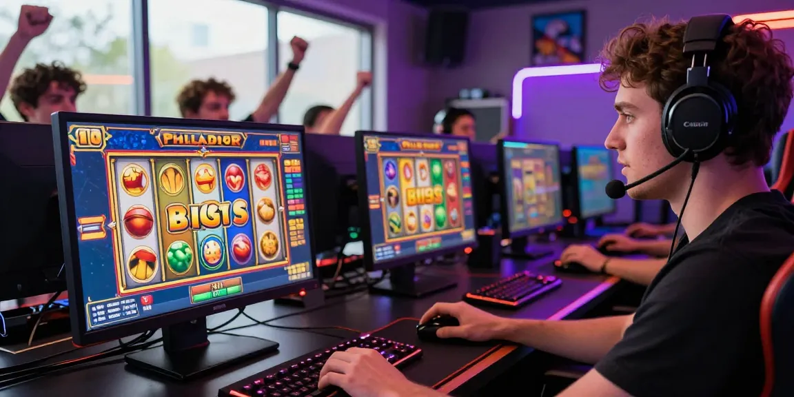 Player enjoying slot games on a computer, colorful graphics and gaming setup.