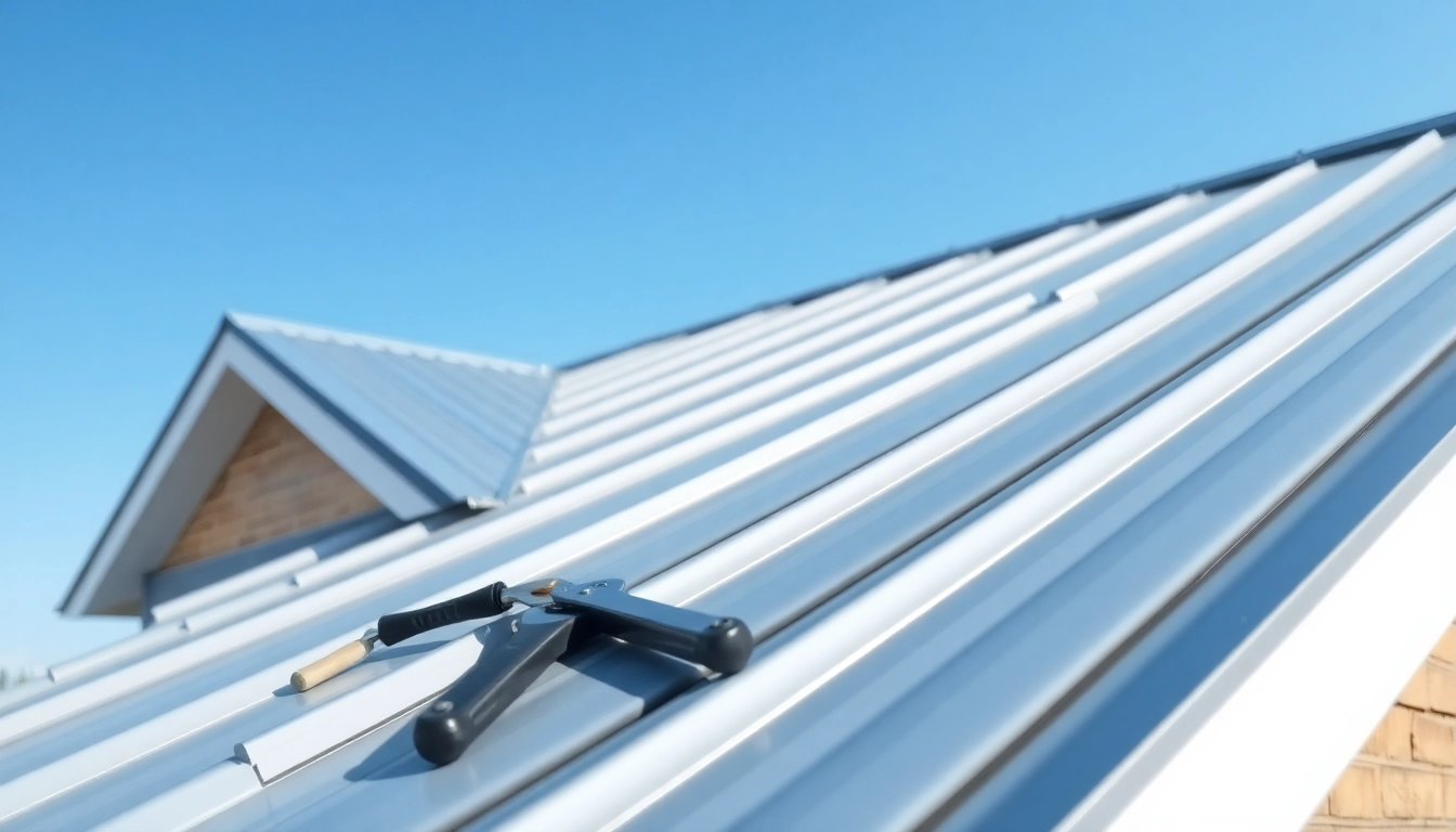 Installers applying metal roofing panels on a modern home showcasing the quality of metal roofing.