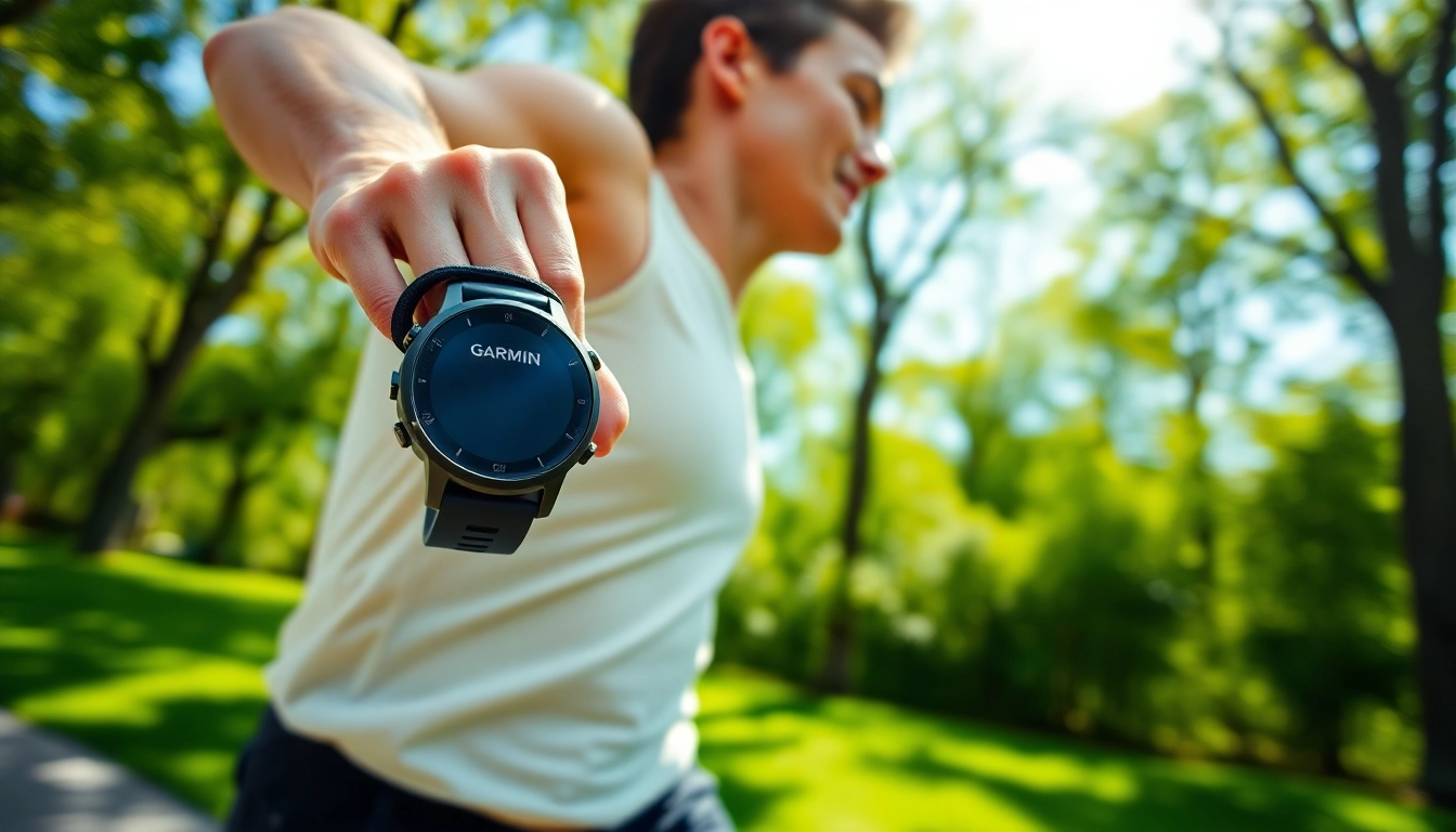 Enhance performance with Garmin smartwatch worn by an athlete in a vibrant park setting.