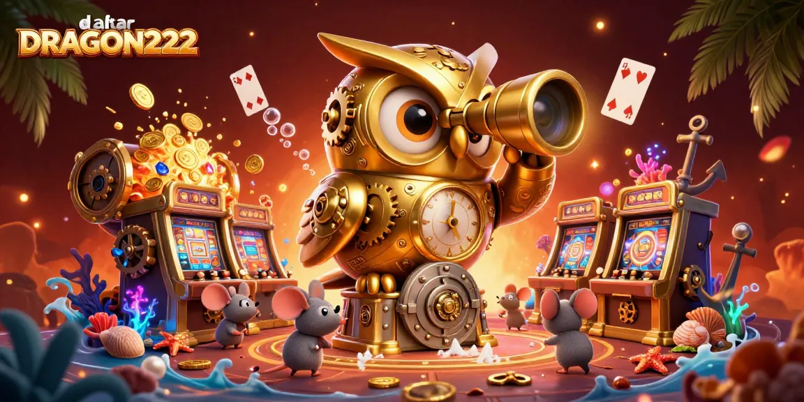 Engage with the excitement of daftar DRAGON222 through this vibrant, cartoon-style casino scene filled with treasures and games.