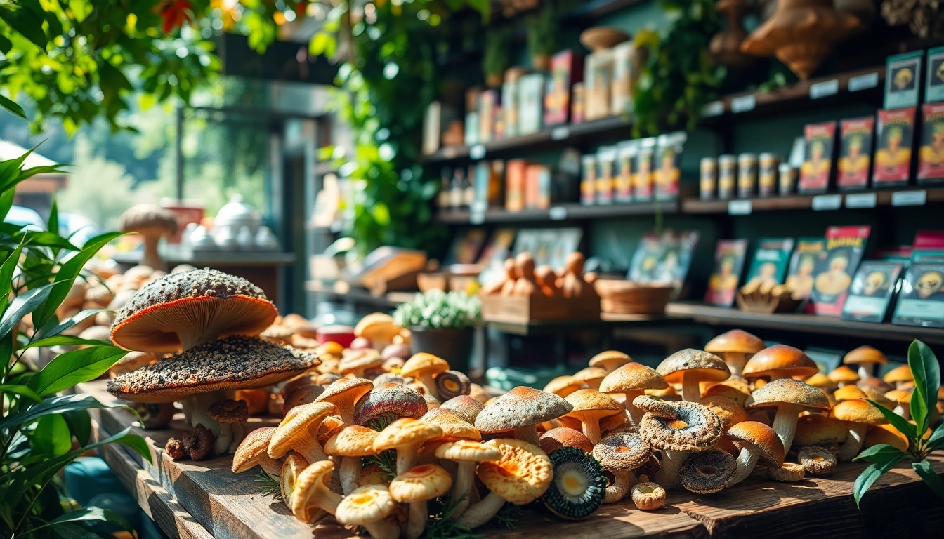 Buy psychedelics online Canada showcasing a vibrant display of mushrooms in a market.