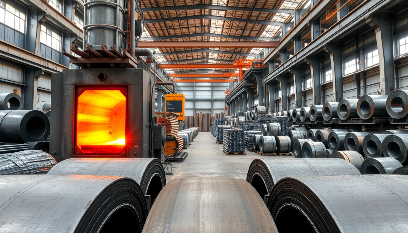Modern steel mill with large furnaces and organized steel products under bright lighting.