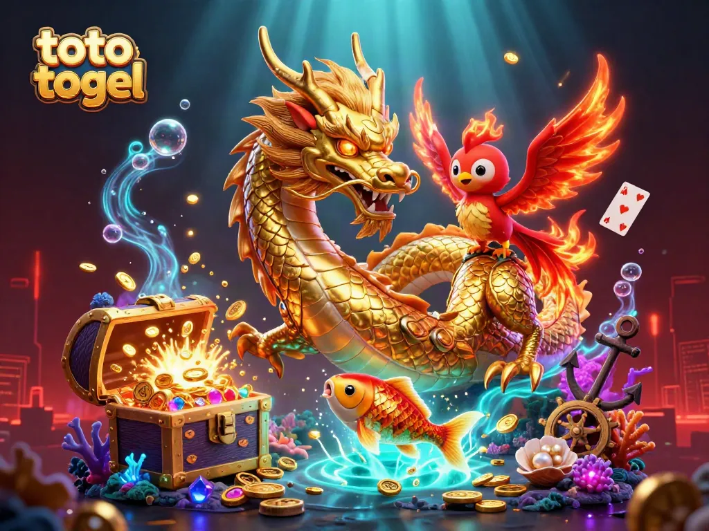 Menggambar toto togel dengan naga emas dan phoenix merah berapi, dikelilingi oleh harta dan koin.