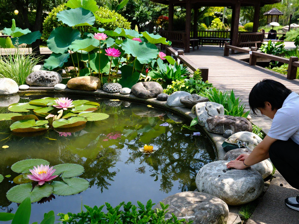 Pond Plants in a tranquil garden pond with vibrant water lilies and decorative stones.