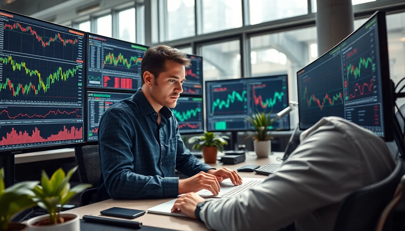 Engaging visual of a trader analyzing crypto quant trading strategies with market data on multiple screens.