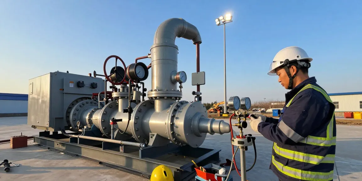 Technician servicing a gas generator with tools and lighting tower at an industrial site