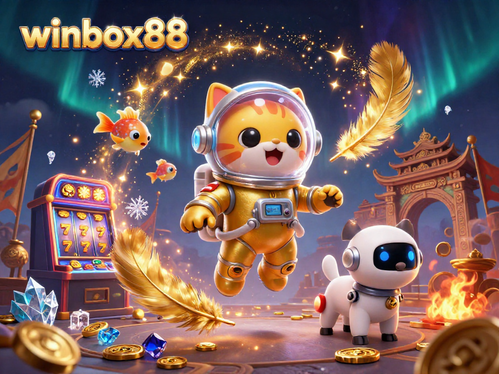 Winbox88 immerses players in vibrant slot action with a dynamic golden-themed space illustration.