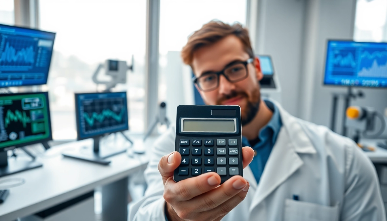 Using a moment of inertia calculator, a physicist demonstrates precision in a modern lab.