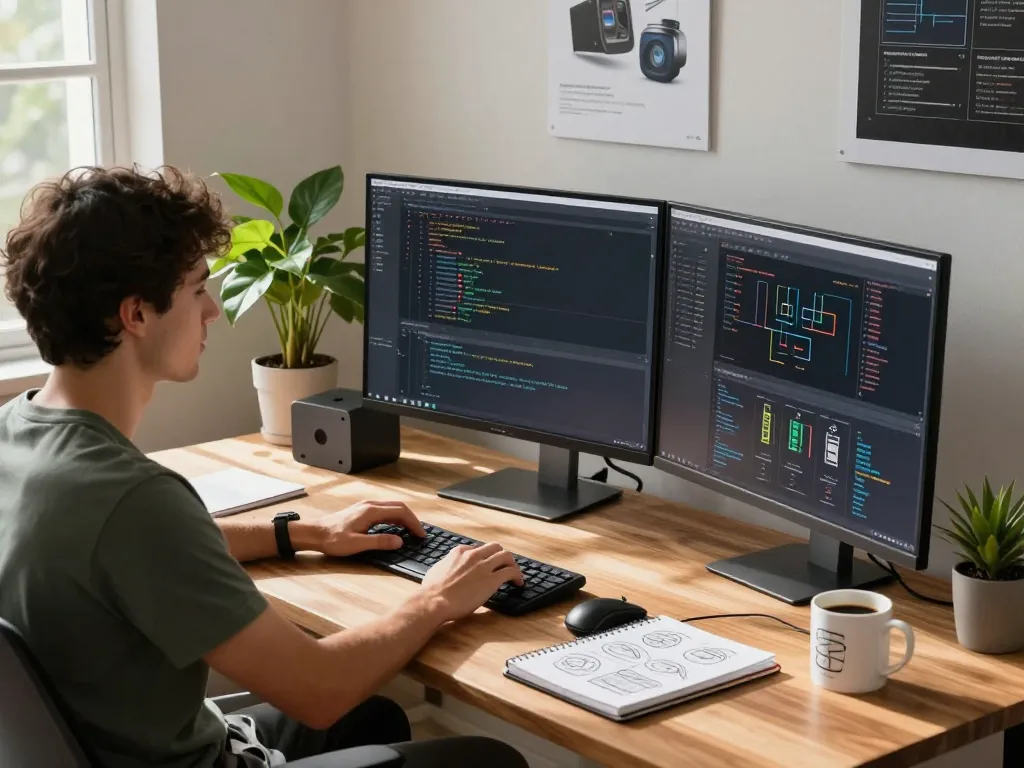 Software developer using a Mac Mini in a bright home office, coding with dual monitors.