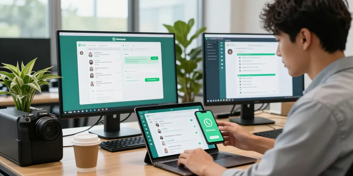 Professional using WhatsApp下載 on devices in a modern office setting, showcasing seamless communication.