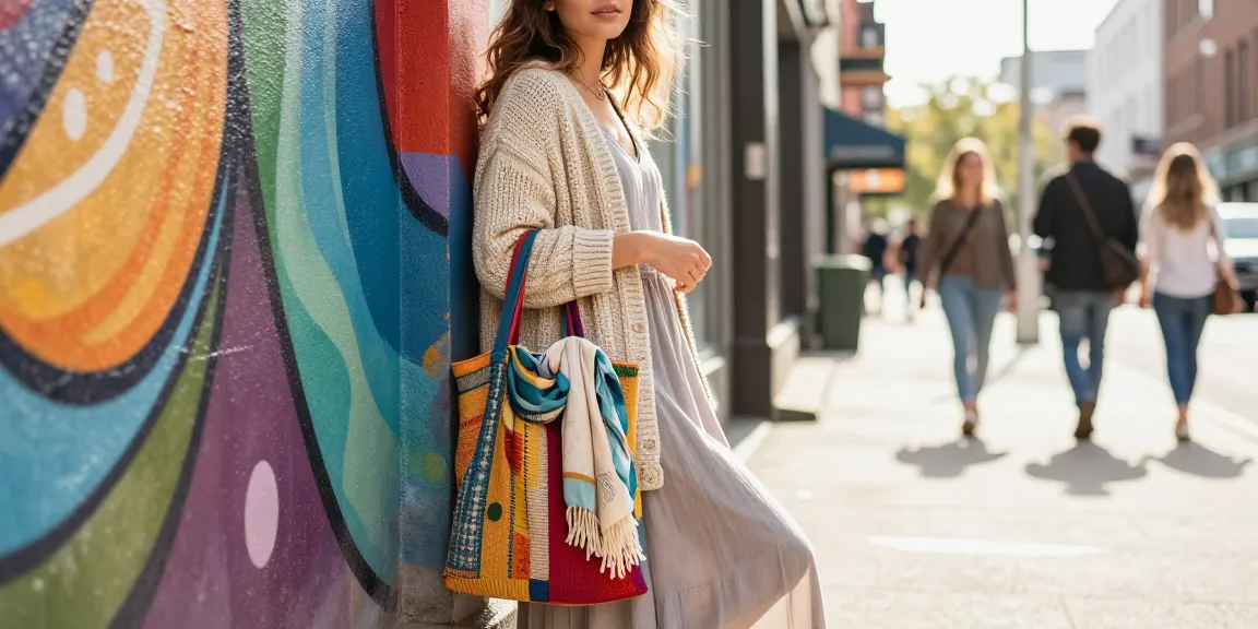 Eco-conscious woman showcasing a knit cardigan in an urban setting with colorful tote and vibrant street art.