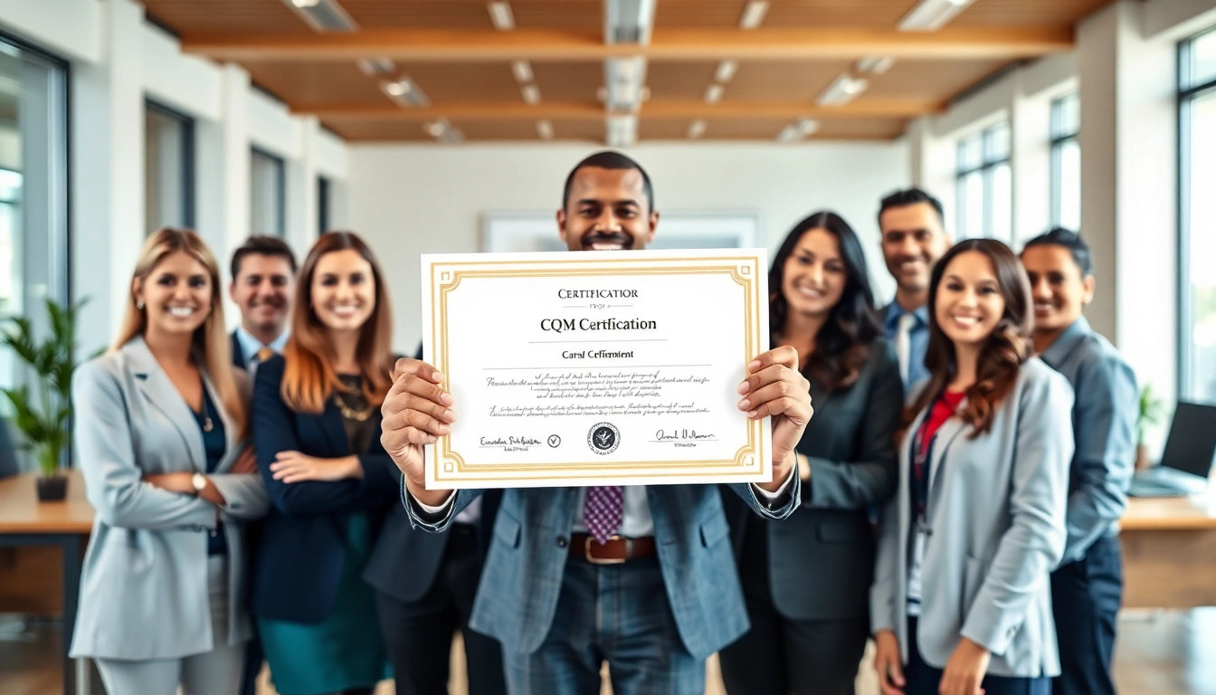 Celebrate cqm certification achievement with diverse professionals proudly holding their certificates.