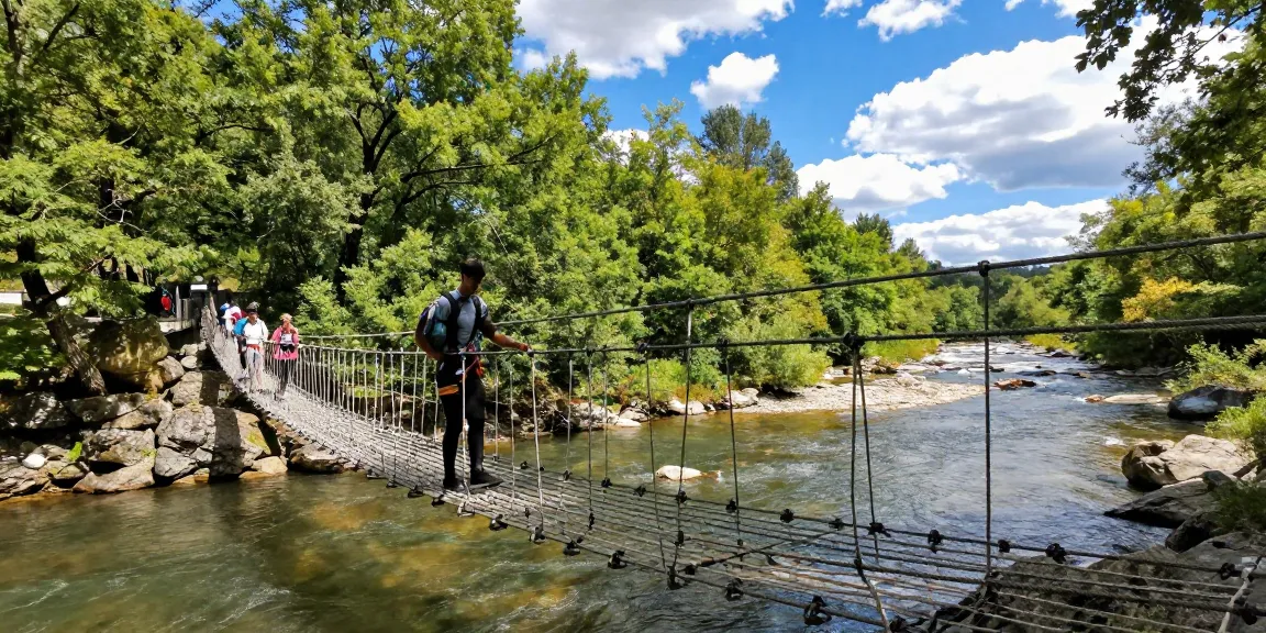 Adventurer crossing a river rope bridge surrounded by lush greenery and sunlight.