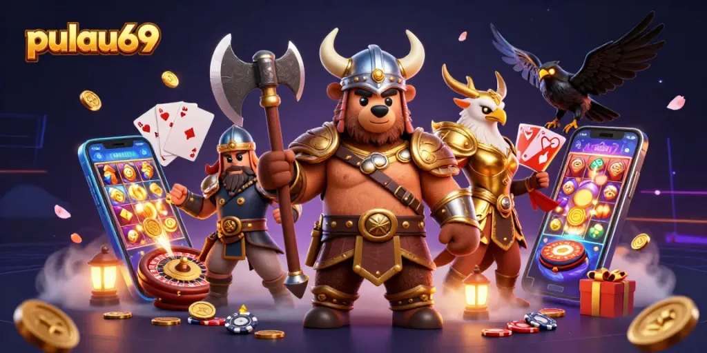 Experience pulau69 with thrilling slot games and Viking characters in a dynamic casino scene.