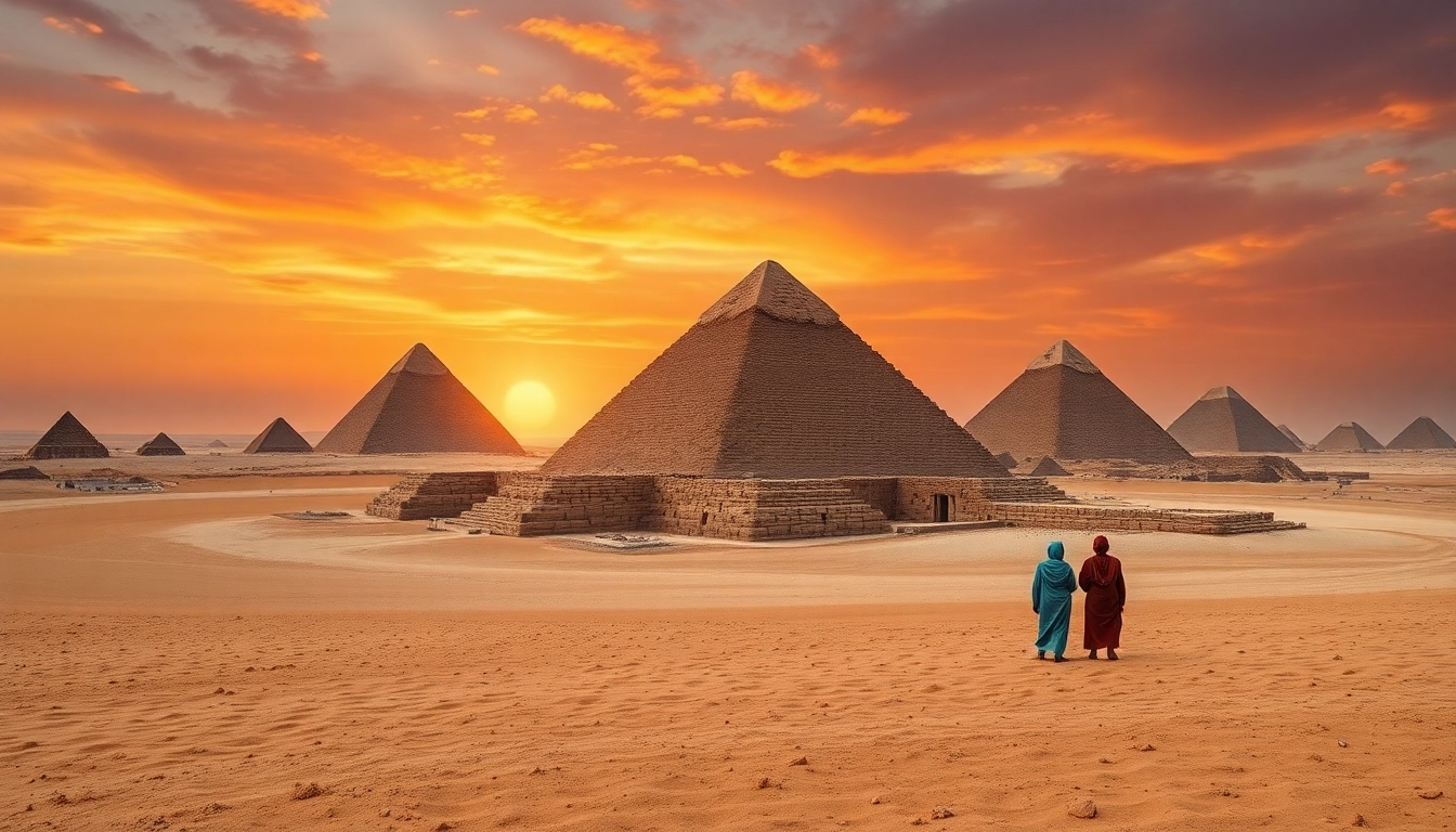 View of the Egyptian pyramids at sunset showcasing the grandeur of https://piraminds.com/ in the desert.