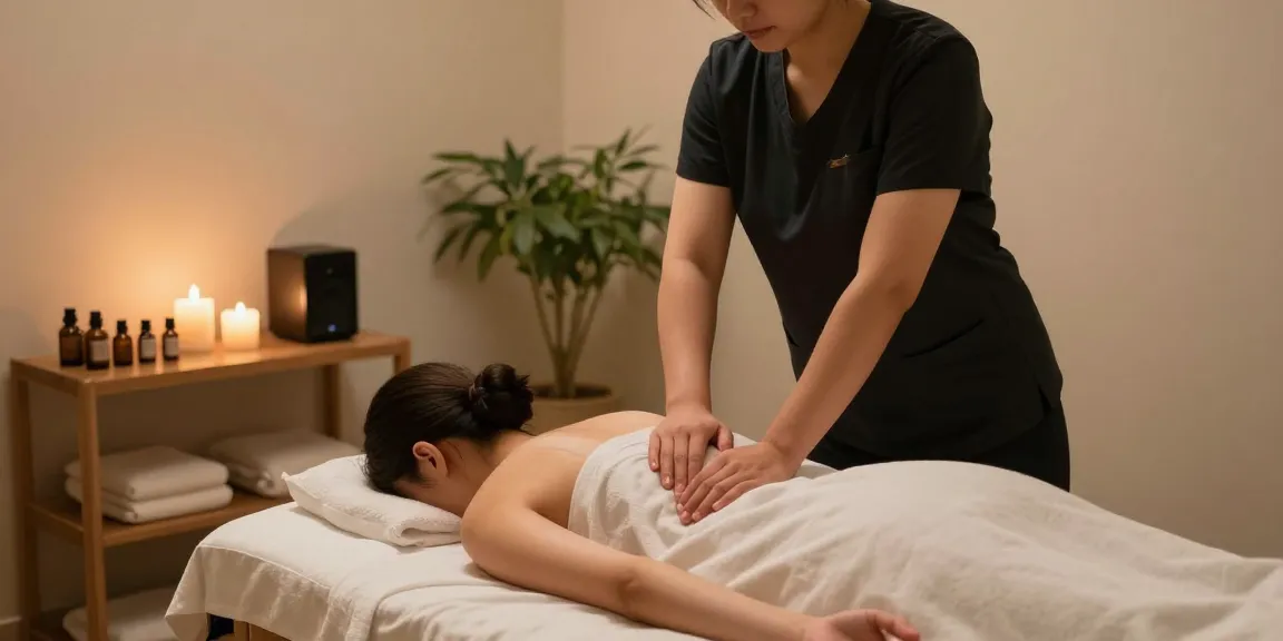 논현동마사지에 대한 편안한 마사지를 받는 모습, 스웨디시 마사지 치료와 아늑한 환경 강조.