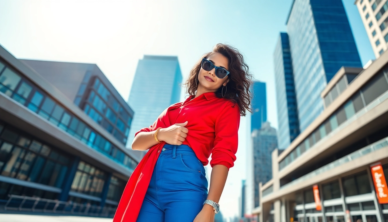 Young woman showcasing modern trends in vibrant Fashion outfit against a city backdrop.