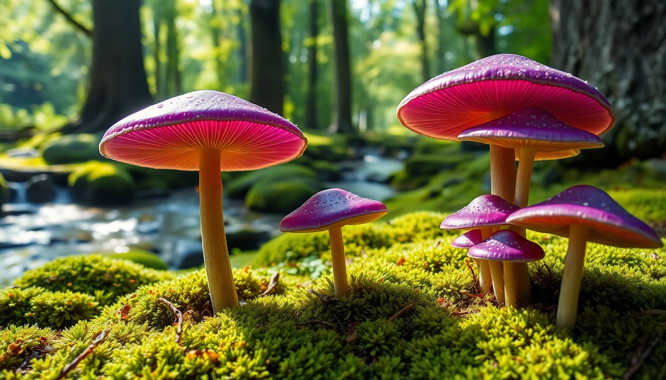 Psychedelicschemstore features vibrant psychedelic mushrooms surrounded by a serene forest.