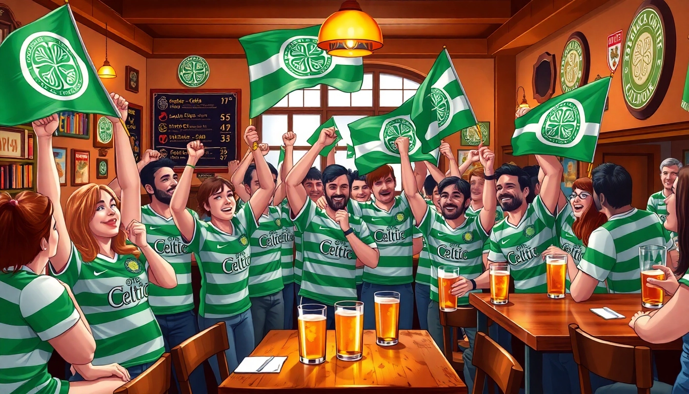 Fans celebrating at csc hamburg with Celtic jerseys and flags in a vibrant pub atmosphere.