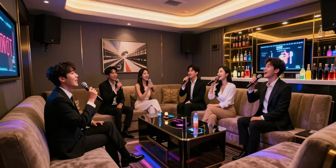 강남 가라오케에서 고급스러운 프라이빗 룸에서 즐거운 노래시간을 갖는 모습
