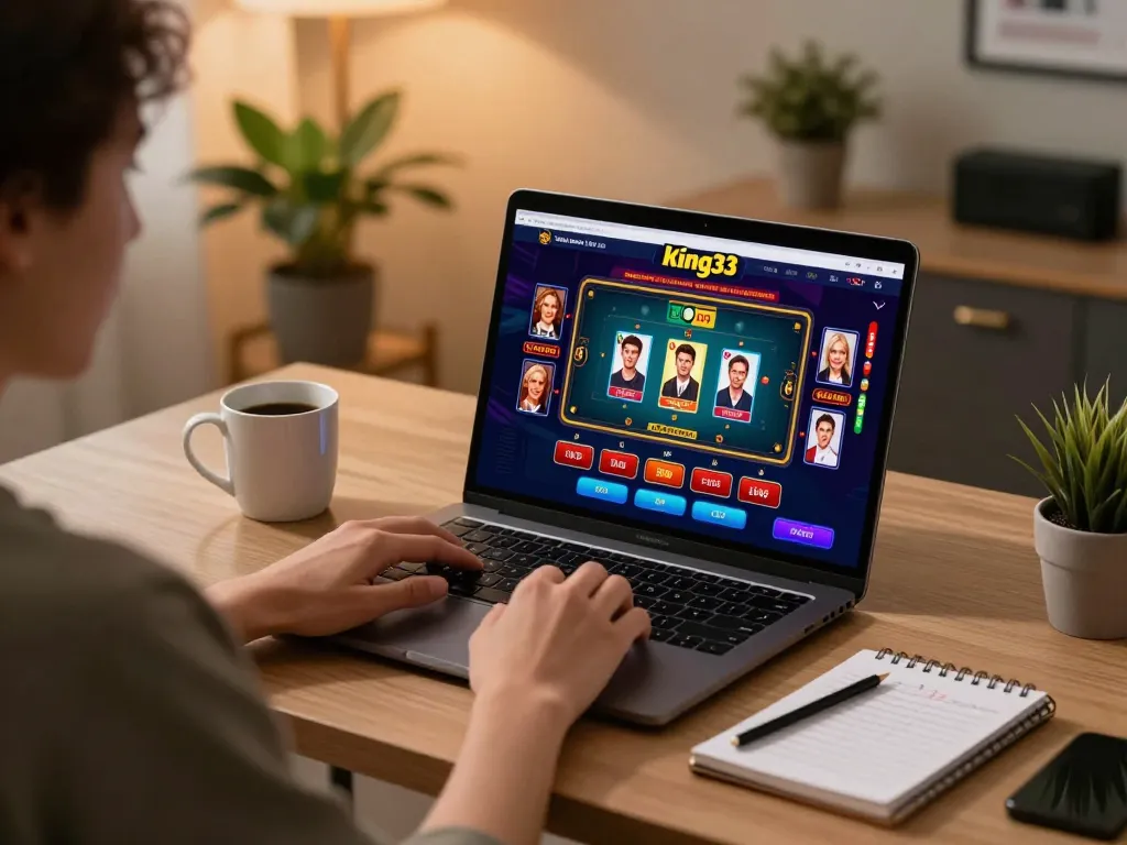 Engaging user playing king33 online casino on laptop with vibrant game interface visible.