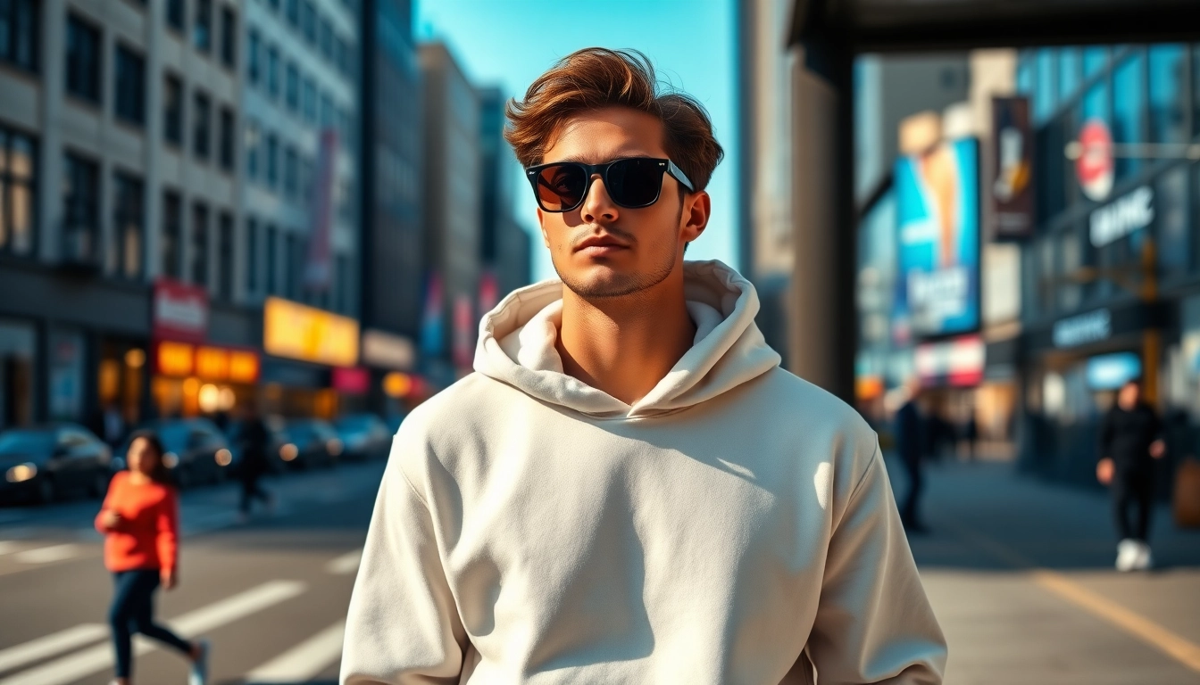 Model showcasing blank hoodies in an urban setting with stylish accessories.