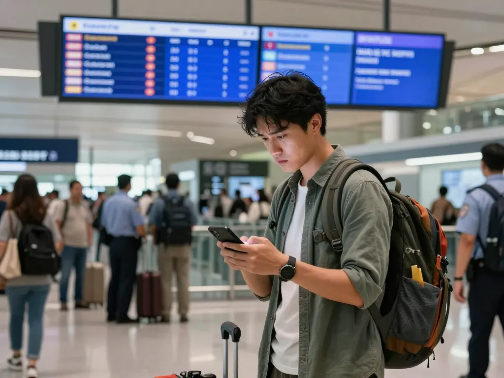 Traveler checking a global security alert at an airport terminal, highlighting travel safety concerns.