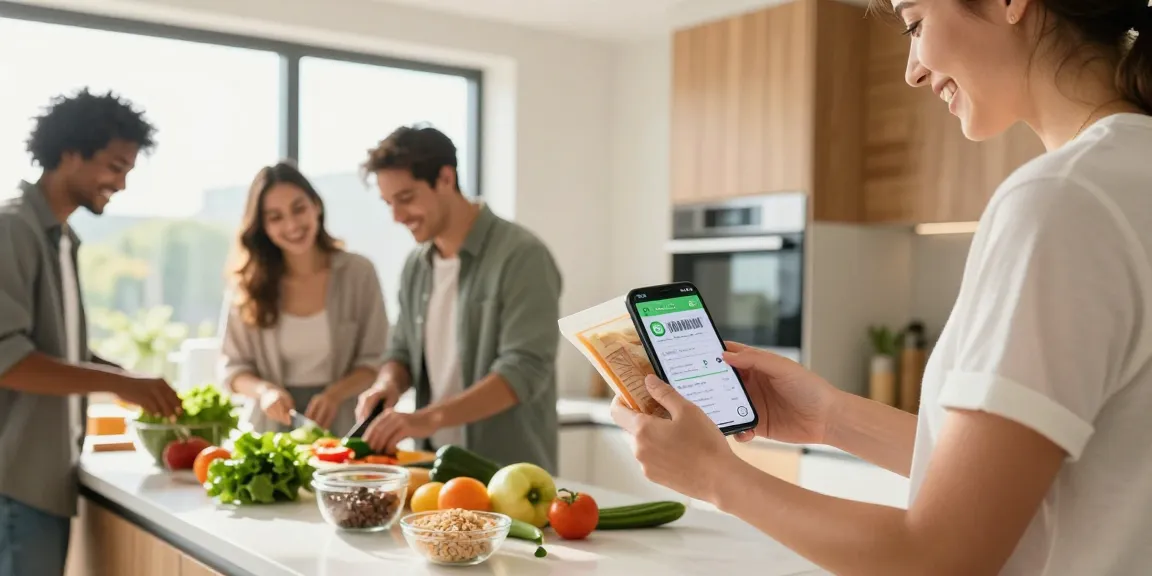 Friends using the best calorie tracker in a bright modern kitchen while cooking healthy meals.