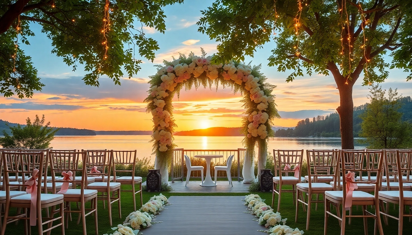 Hochzeitslocation am See mit romantischer Dekoration und Sonnenuntergangsbeleuchtung