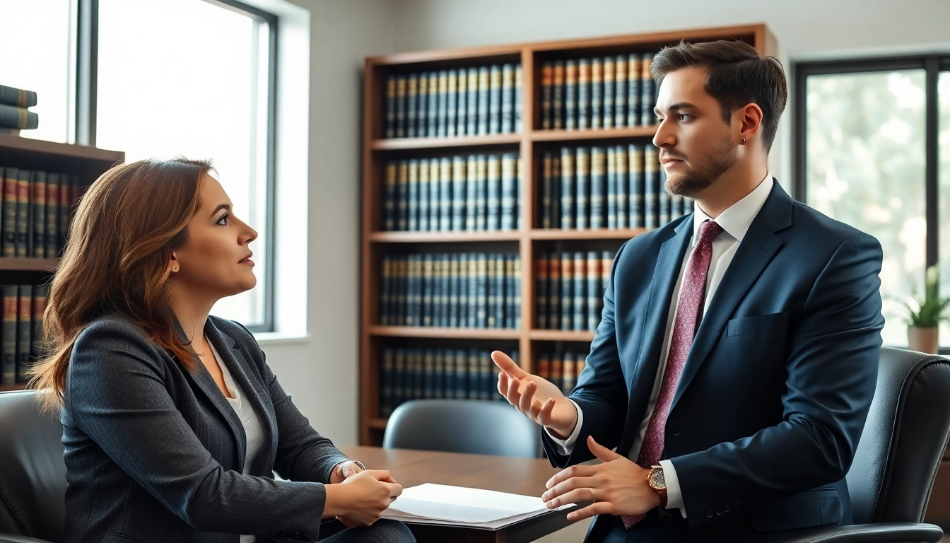 Asheville criminal defense lawyer advising a client in a contemporary office.