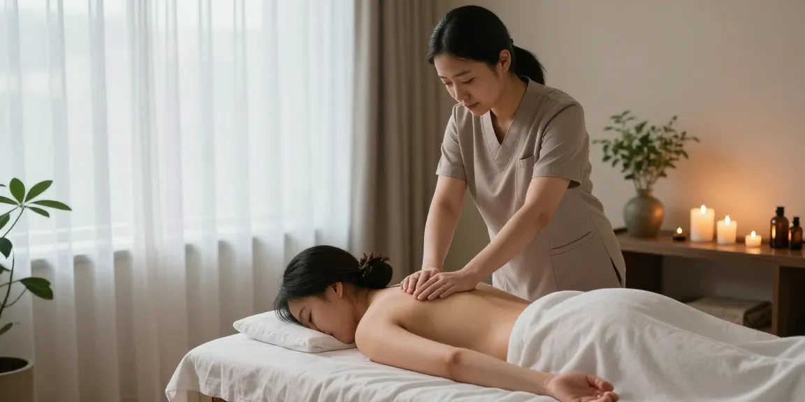 두정동마사지로 편안한 마사지를 받는 모습과 아로마 향기, 아늑한 스파 환경