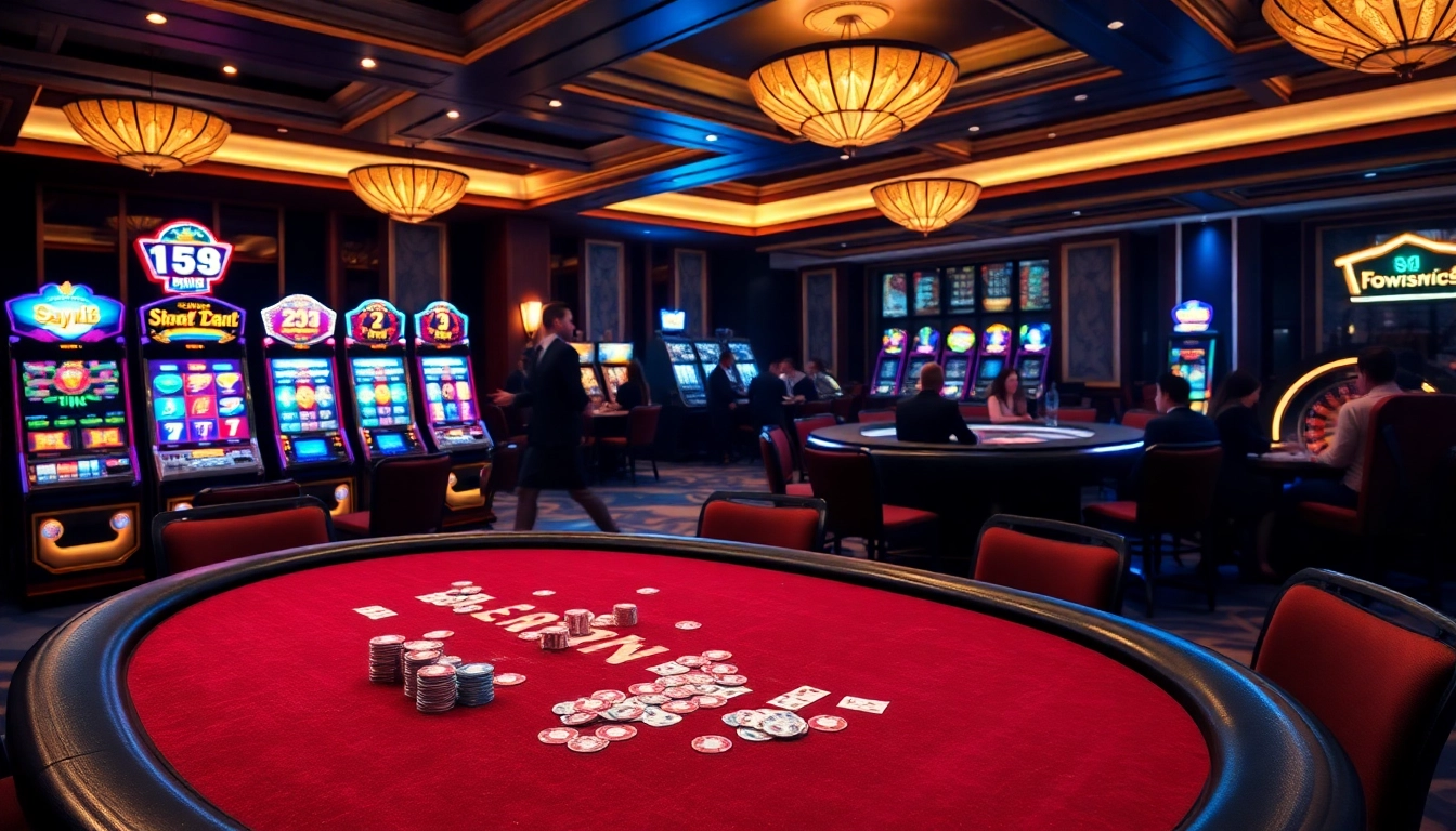 Engaging casino scene with a say88-themed poker table and vibrant slot machines.