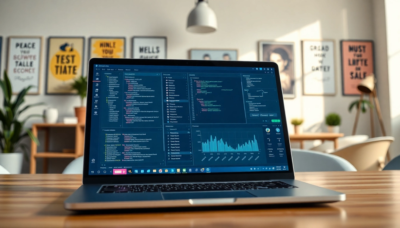 Illustrative depiction of a test automation tool highlighting coding features and productivity in an office.
