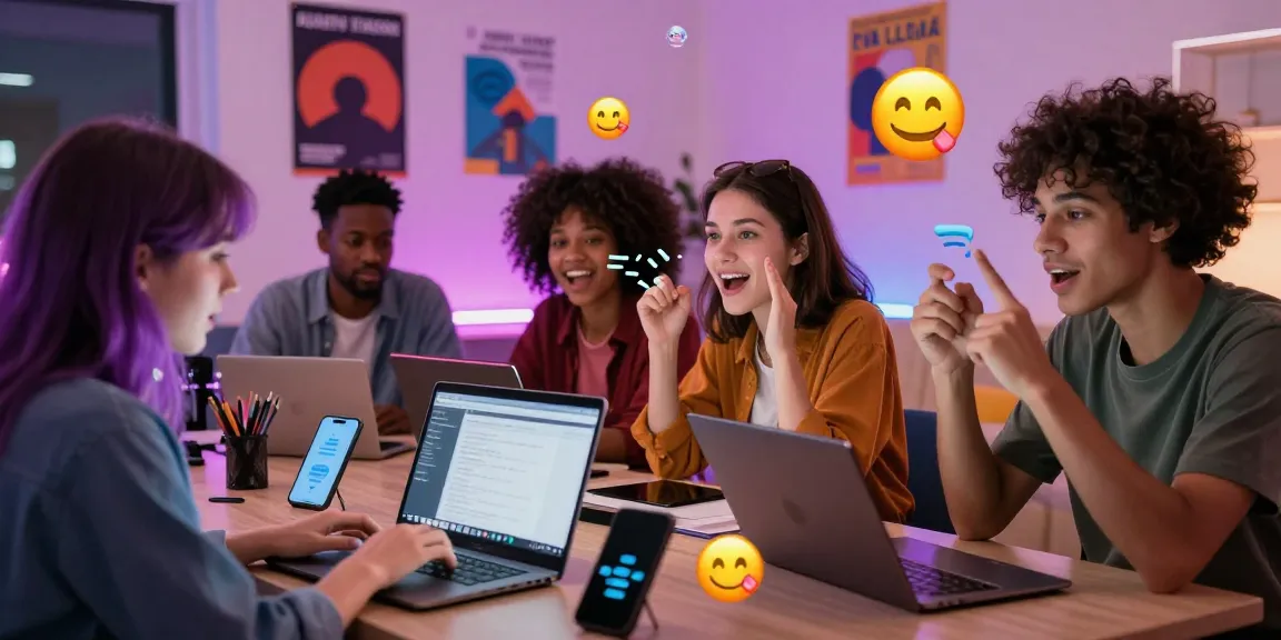Diverse group chatting in an energetic NSFW chatroom with laptops and smartphones.