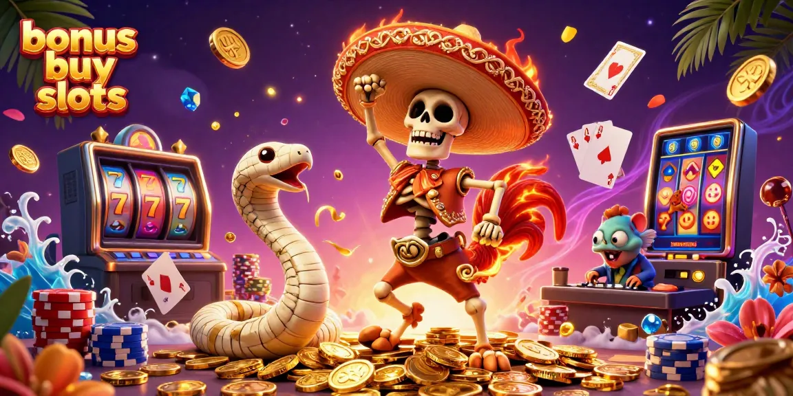 Experience the thrill of bonus buy slots with a festive casino scene featuring engaging characters and dynamic elements.