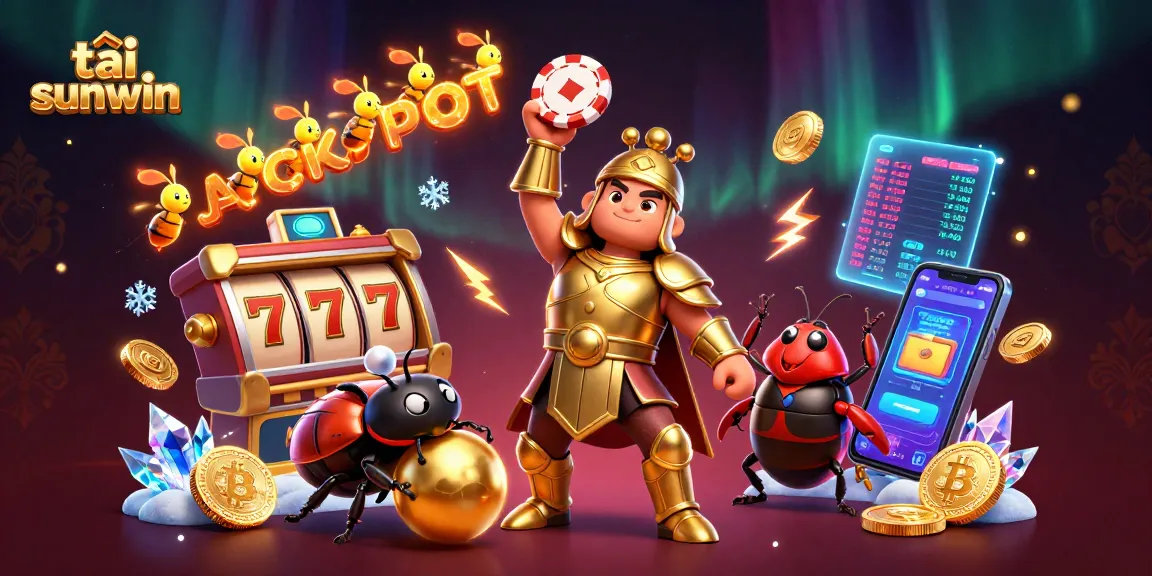 Engage in thrilling gameplay as you tải sunwin, featuring a 3D cartoon beetle champion lifting poker chips amidst a dazzling jackpot scene.
