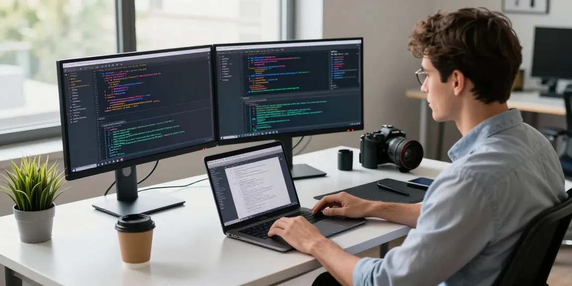 Developer coding at scenadomen.pl workspace with dual monitors and natural light.