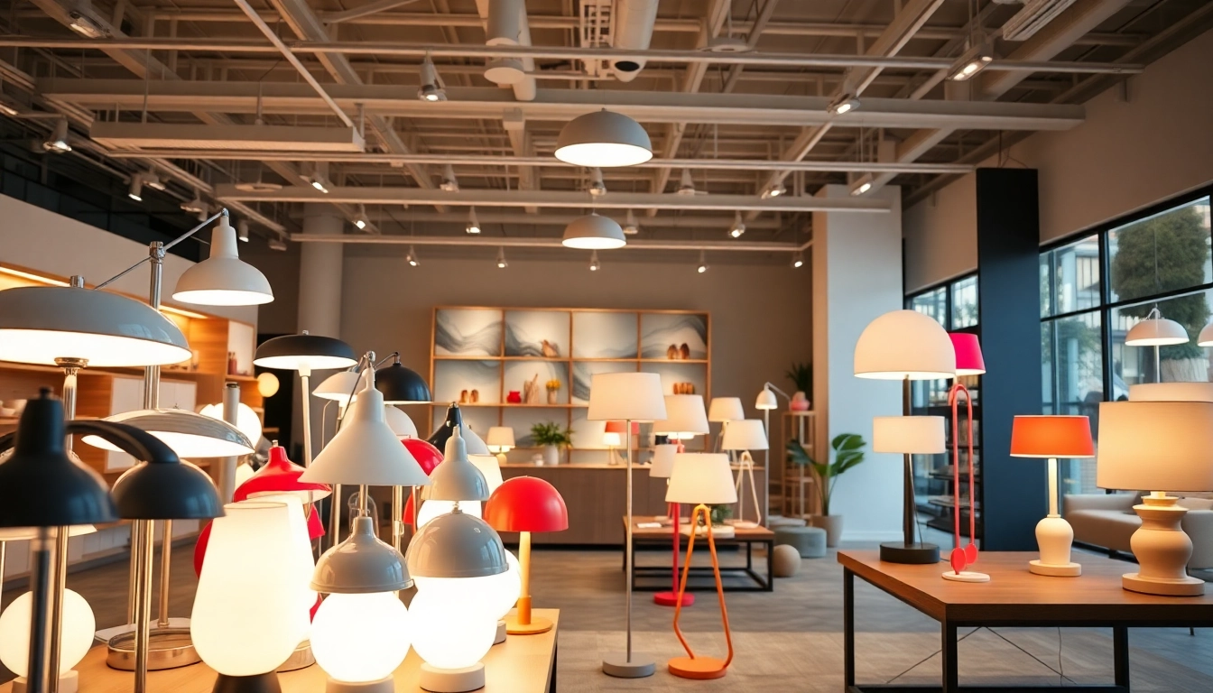 Showcase of ELC Lamps Online in a modern showroom featuring stylish designs and natural lighting.