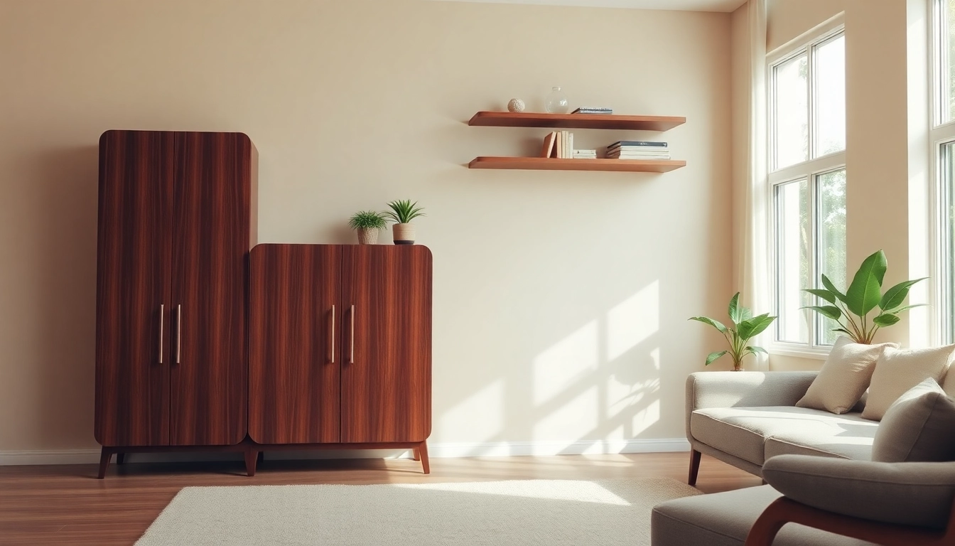 Stylish storage cabinet enhancing a cozy living room with warm lighting.