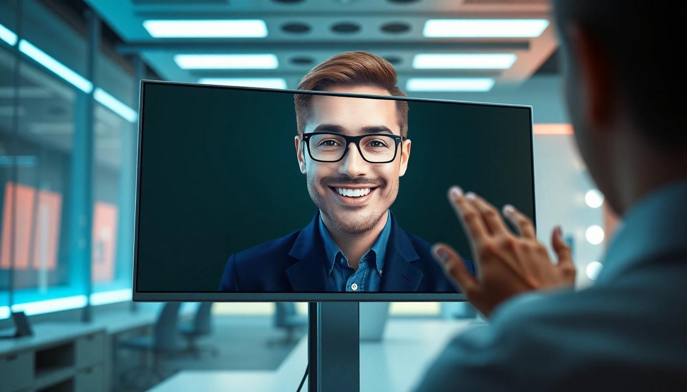 Engaging live avatar illustration interacting with users in a tech-savvy setting.