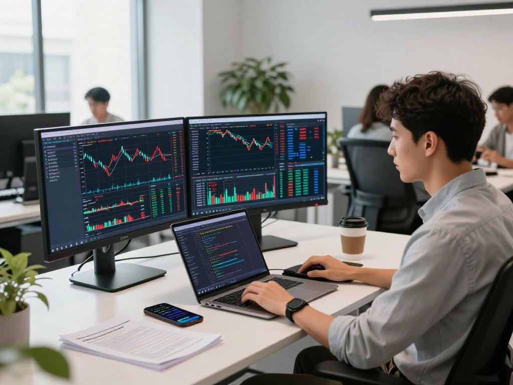 Real-time US stock tick data API in a modern development workspace with analysts coding and monitoring market trends.