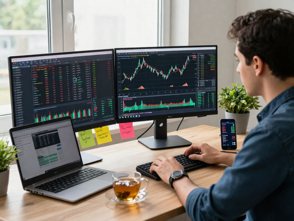 MetaTrader 5交易员在现代化工作空间分析市场图表，展示多资产交易策略。