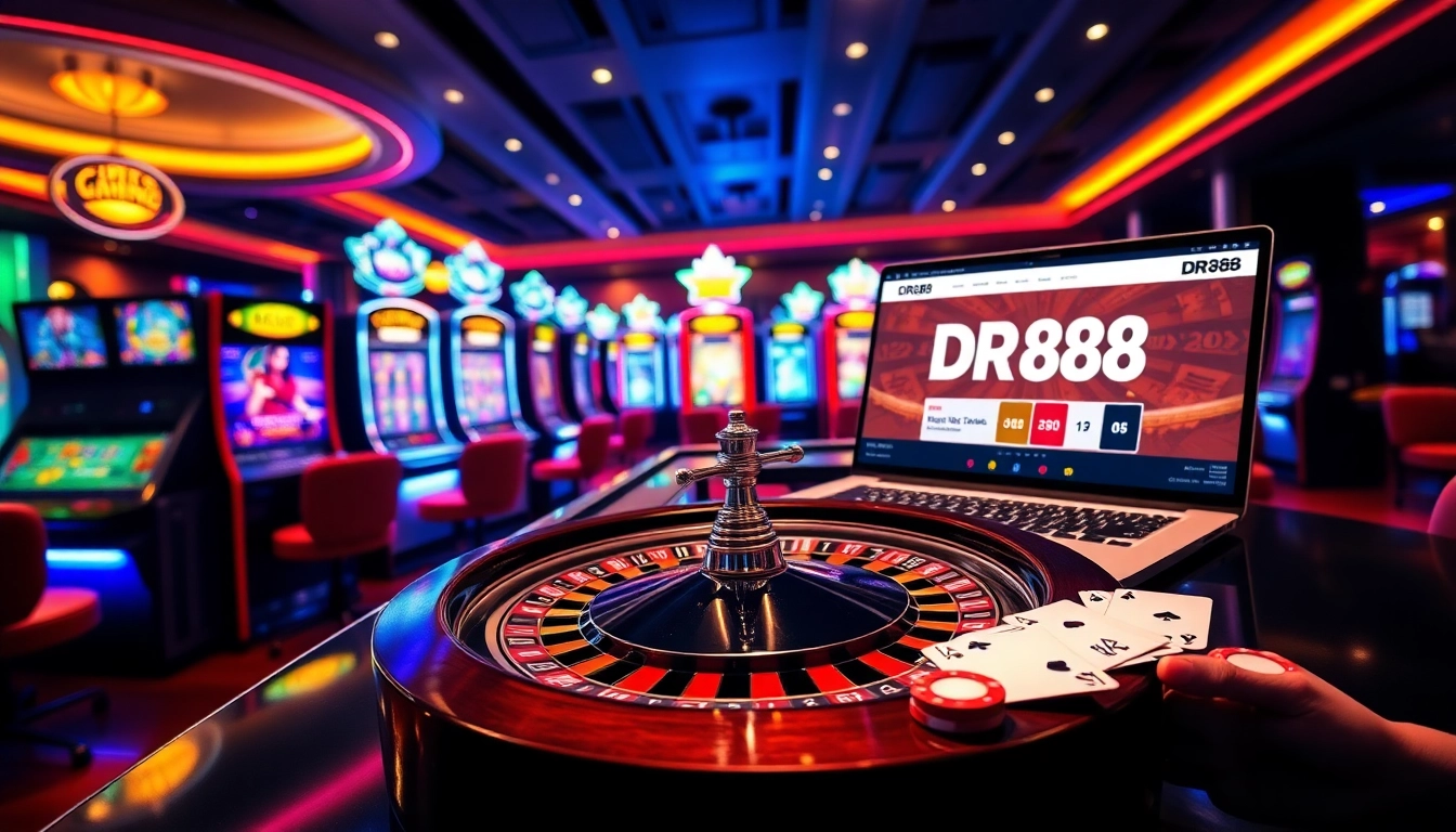 Exciting gambling scene with DR88 nhà cái uy tín, featuring poker chips and a roulette wheel.