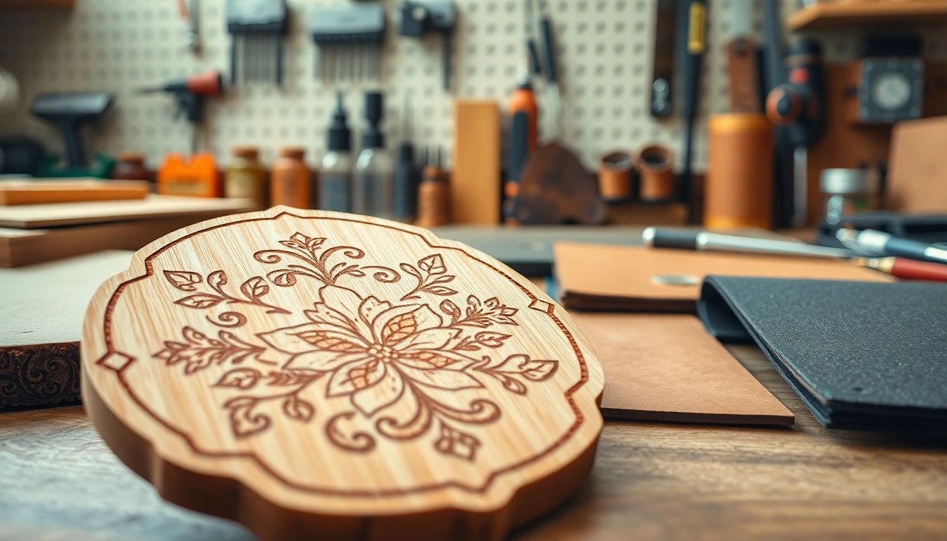 Explore intricate laser engraving designs showcased on wood and acrylic in a creative studio.