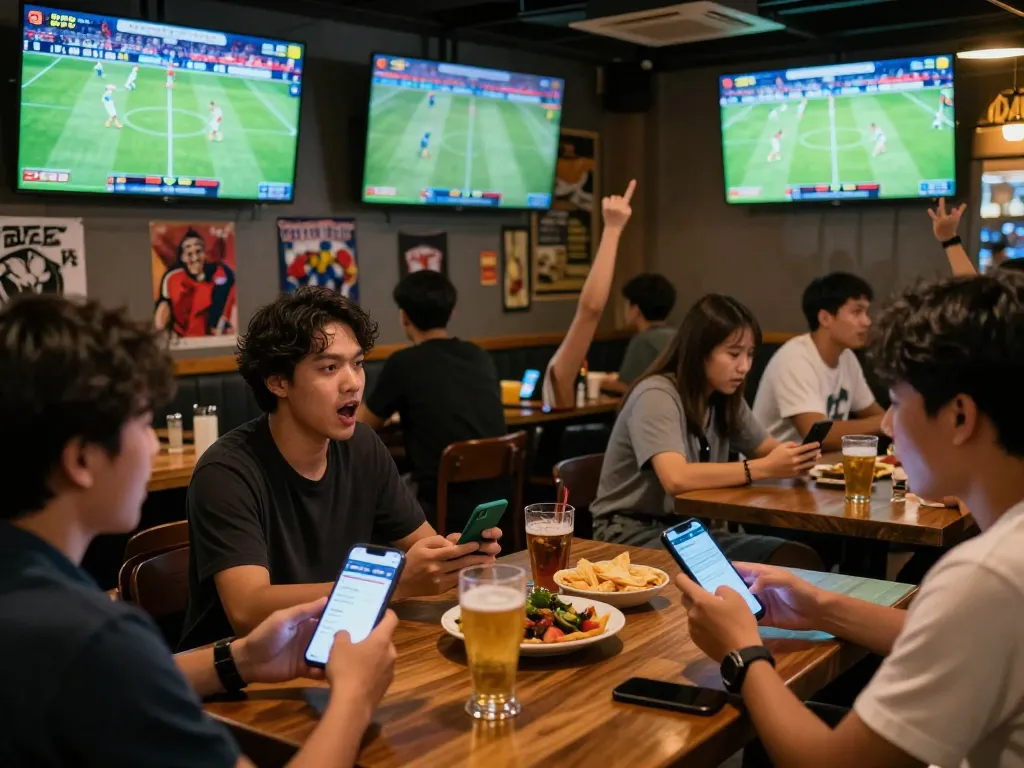 Soi Kèo enthusiasts engaging in sports betting strategy at a lively bar with multiple screens.
