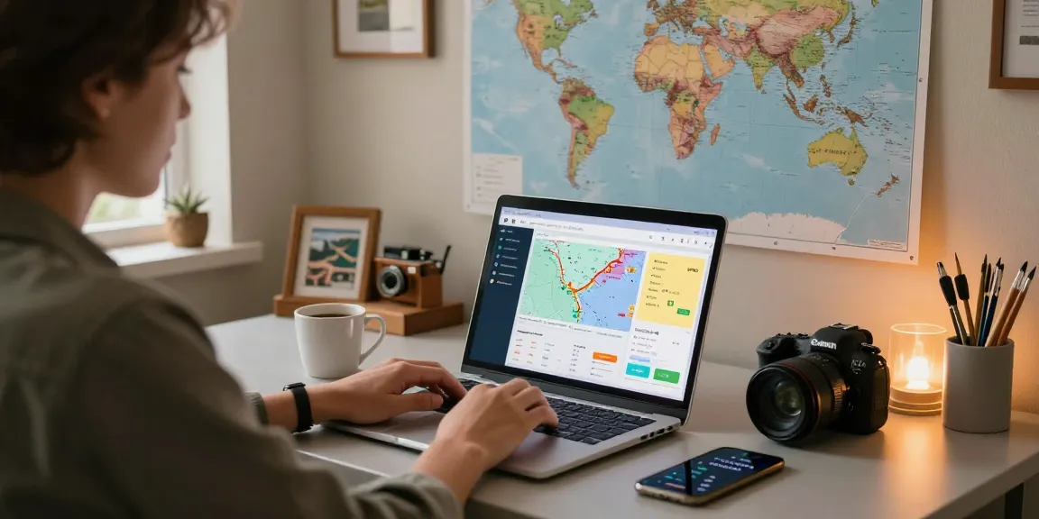 Engaged professional using travel CRM software in a stylish home office, managing client itineraries.